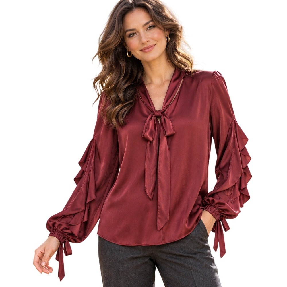 MSSP Max Studio Blouse M Burgundy Satin Tie Neck Ruffle Sleeve Romantic Coquette